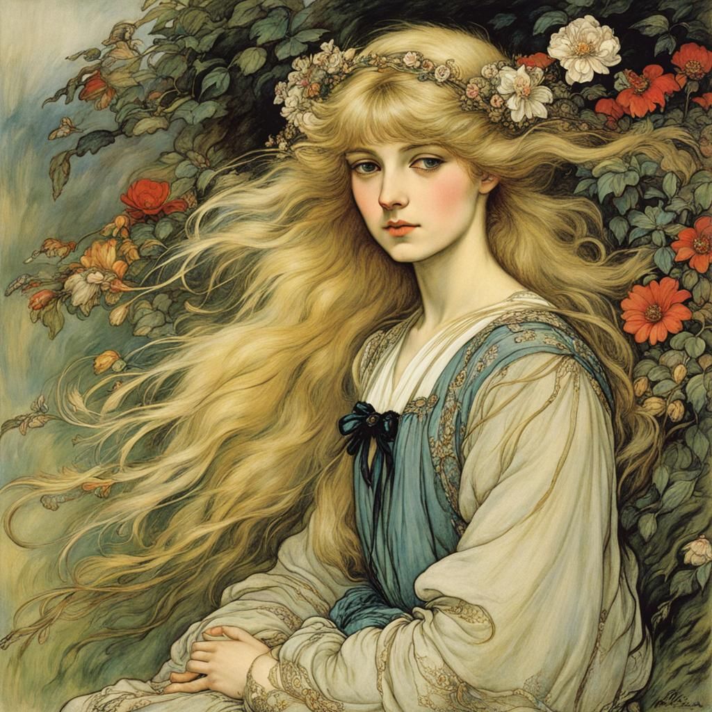 Blond Woman in Garden, Arthur Rackham Style