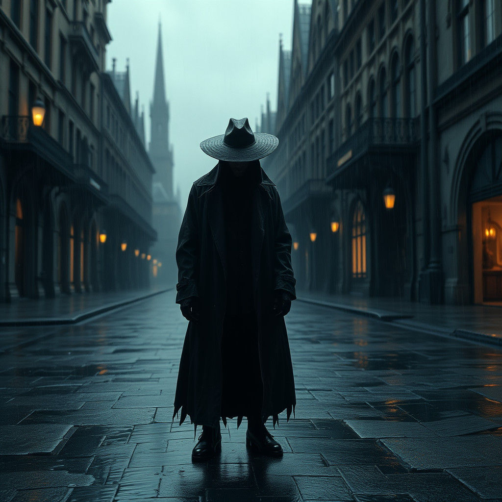 Melancholic Figure in Rainy Gothic Art Nouveau Scene