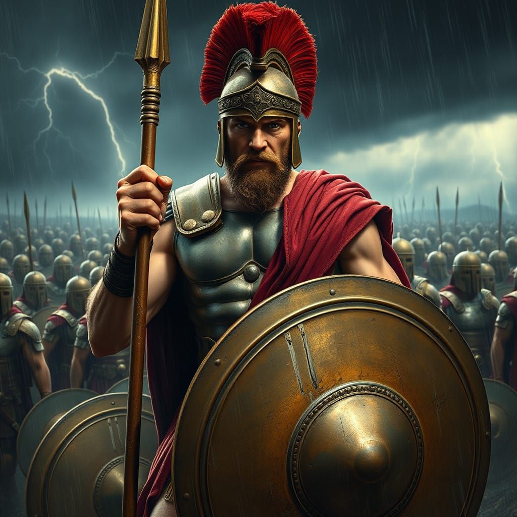 Heroic Spartan Warrior in Bronze Armor, Stormy Background