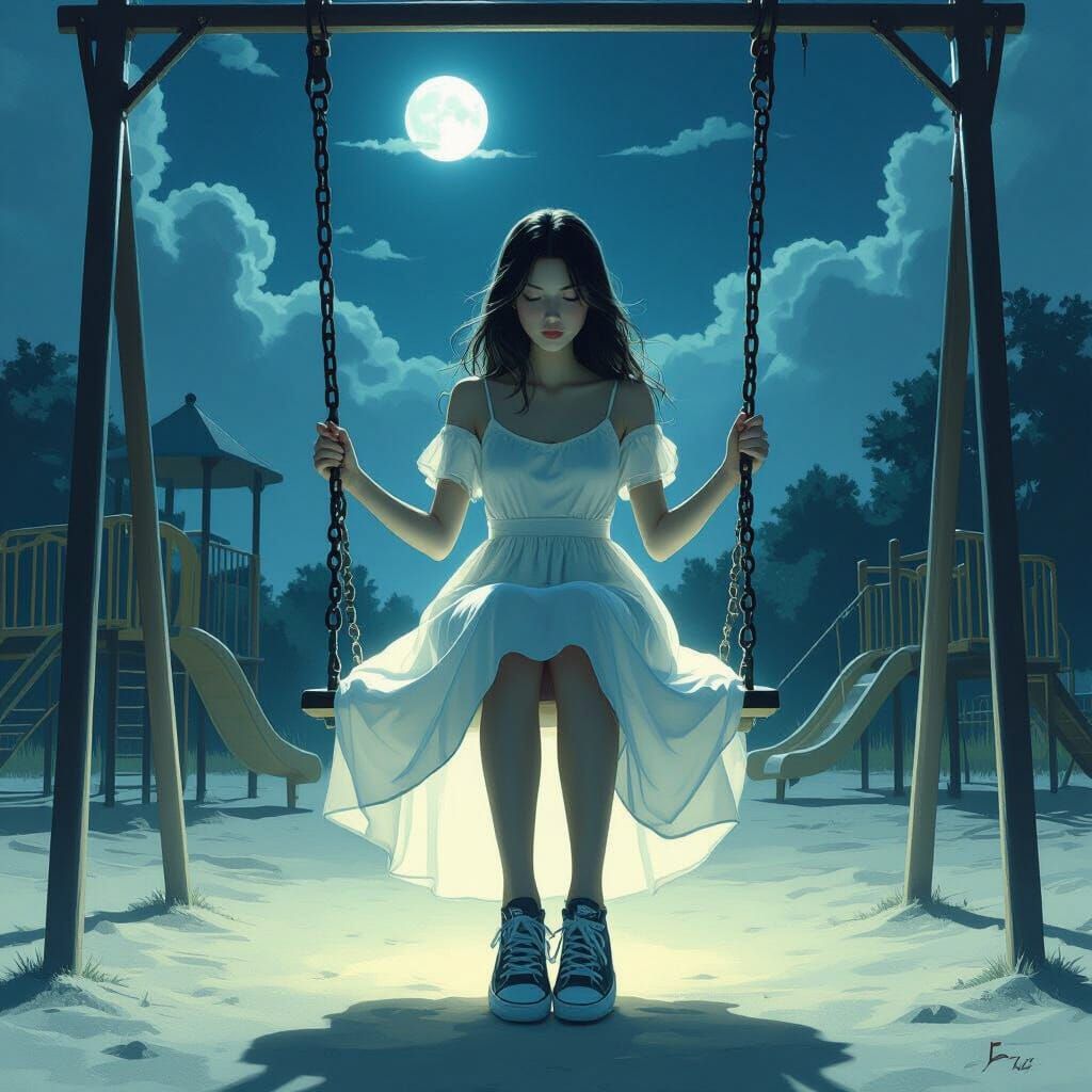 Ethereal Figure on Moonlit Swing Set