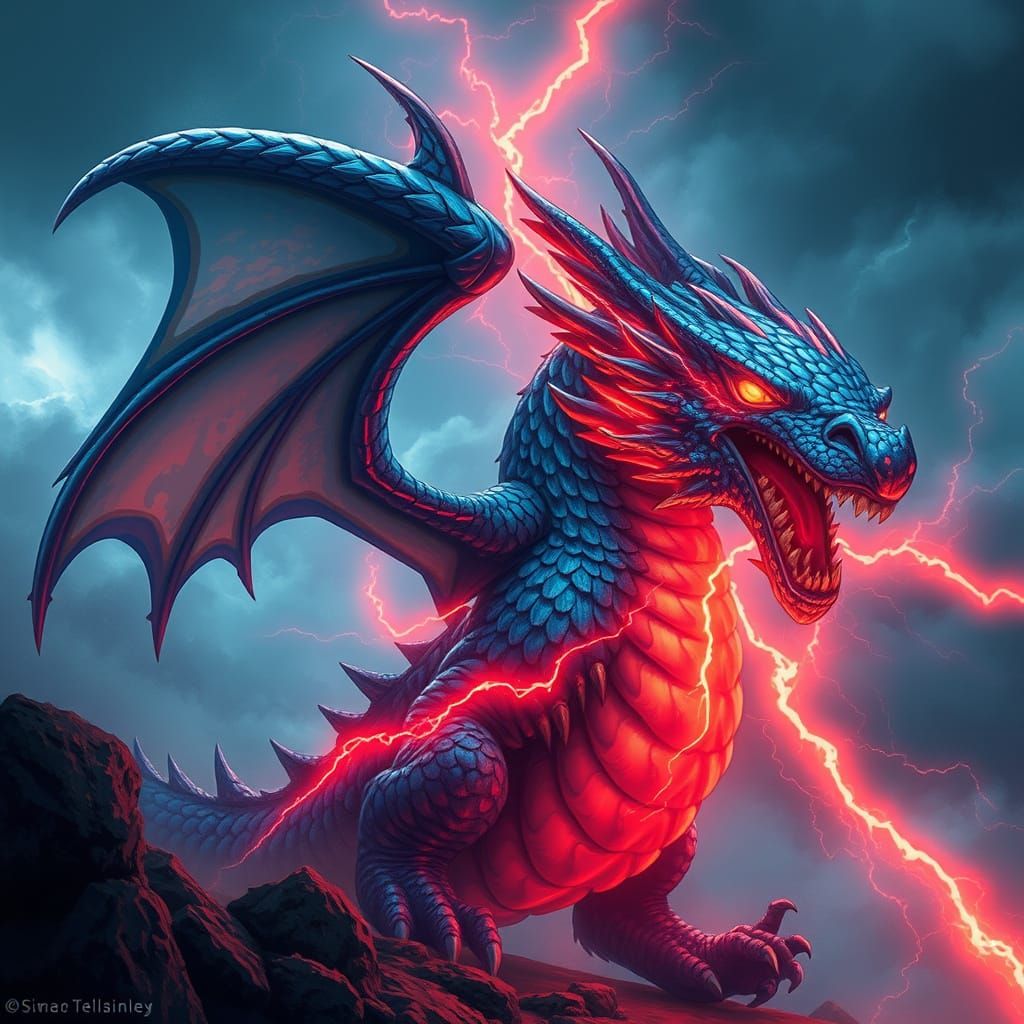 Electric Dragon in Iridescent Blue, Inspired by Fantasy Illu...