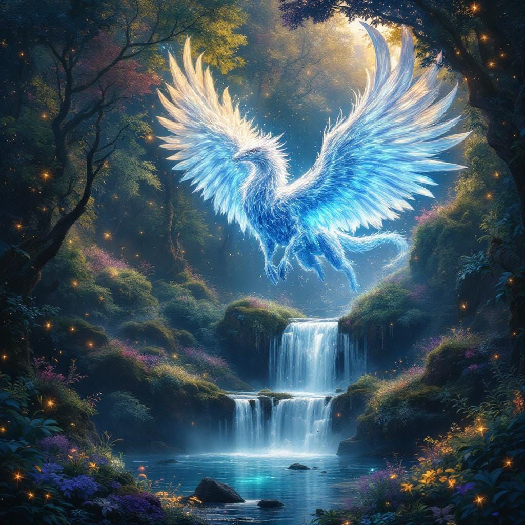 Luminous Griffin Soaring Over Bioluminescent Waterfall