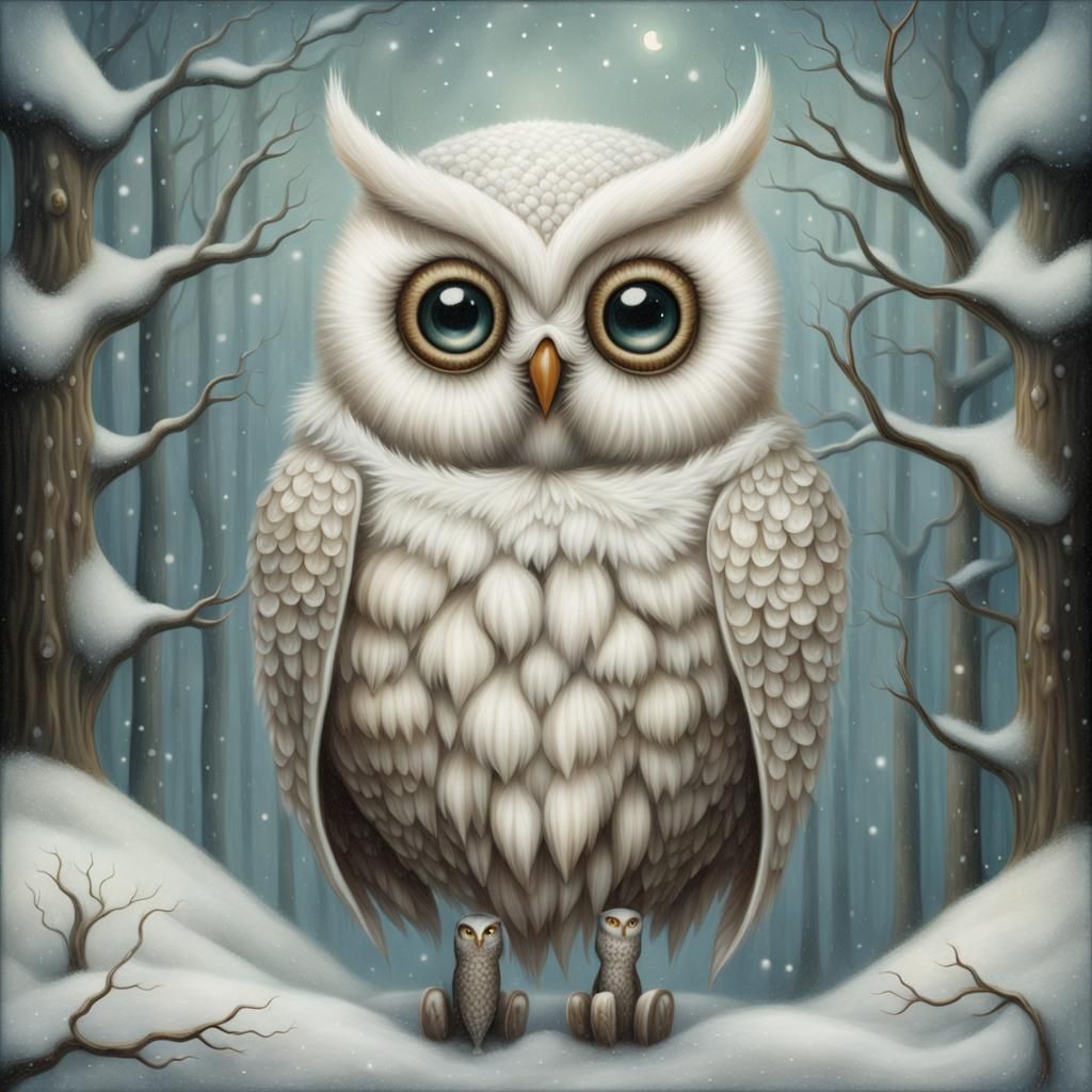 Surreal Owl in Winter Wonderland