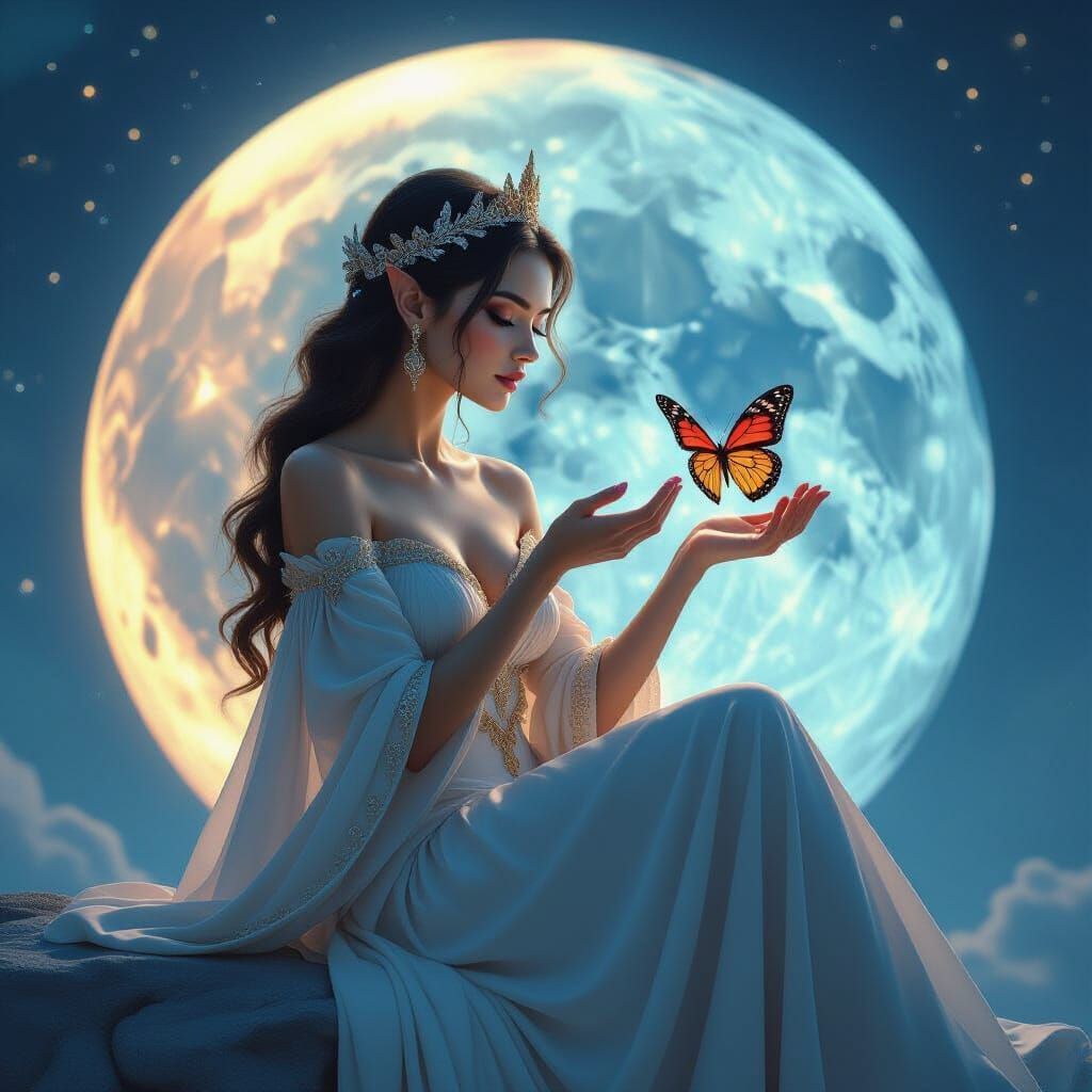 Roman Goddess Dragon-Elf Woman on the Moon Holding Butterfly
