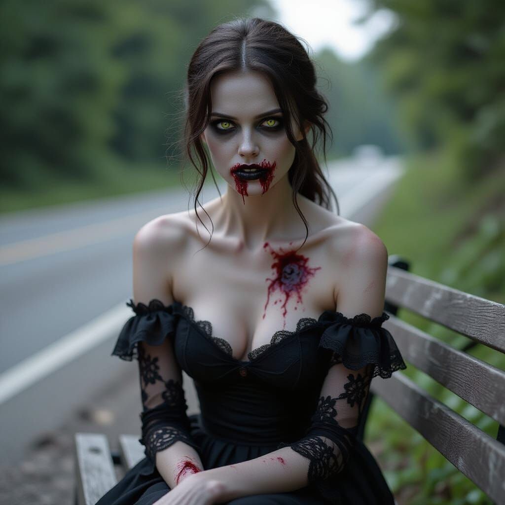 Eerie Zombie Woman in Tattered Lace Dress