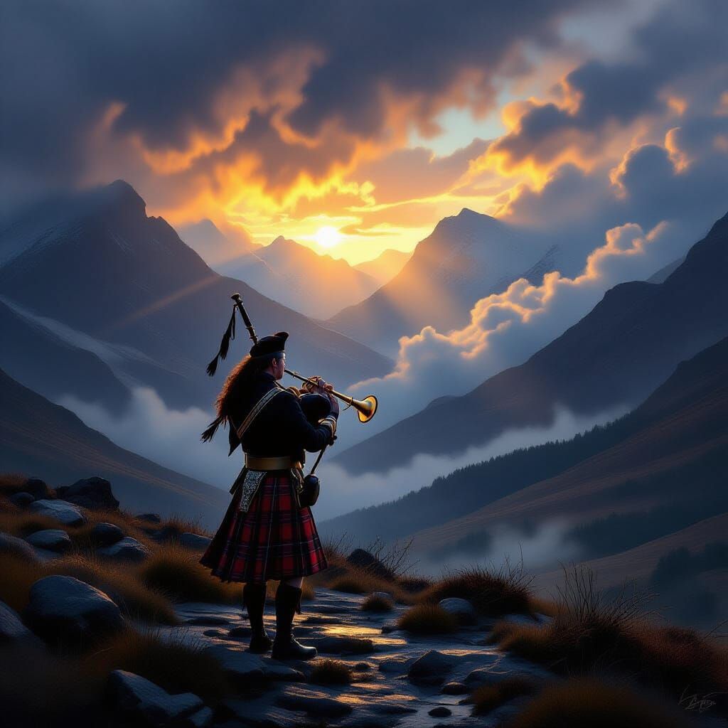 Lone Bagpiper in Stormy Scottish Highlands at Sunset