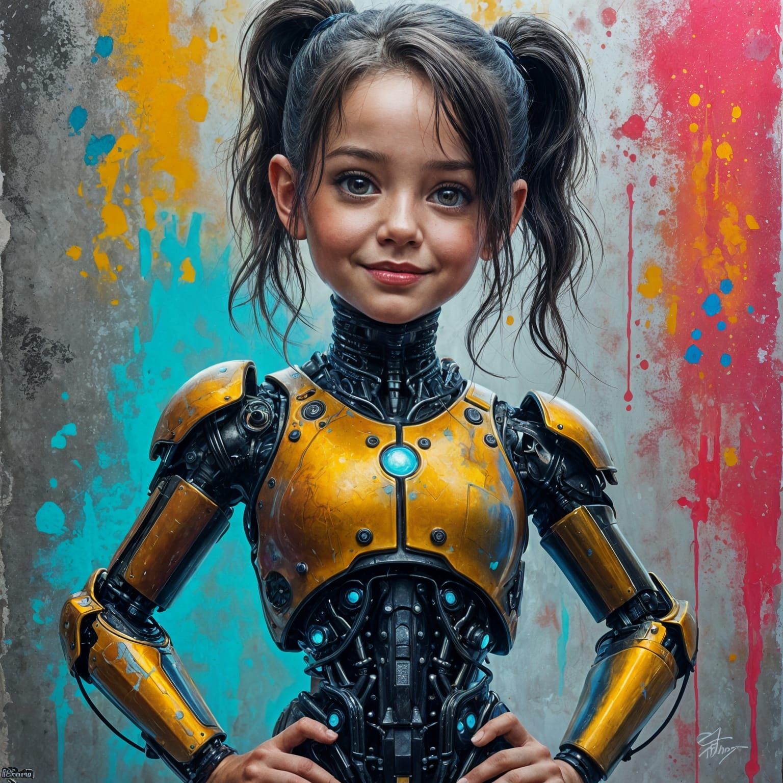 Cyberpunk Daughter Transformed into Terminator in Vibrant Gr...