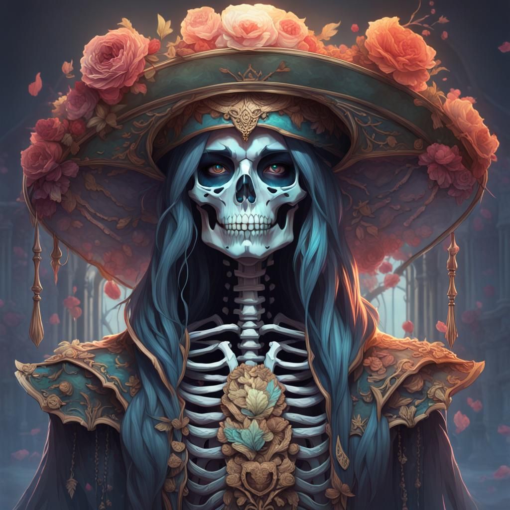 Detailed Skeleton Woman Portrait in Art Nouveau Style