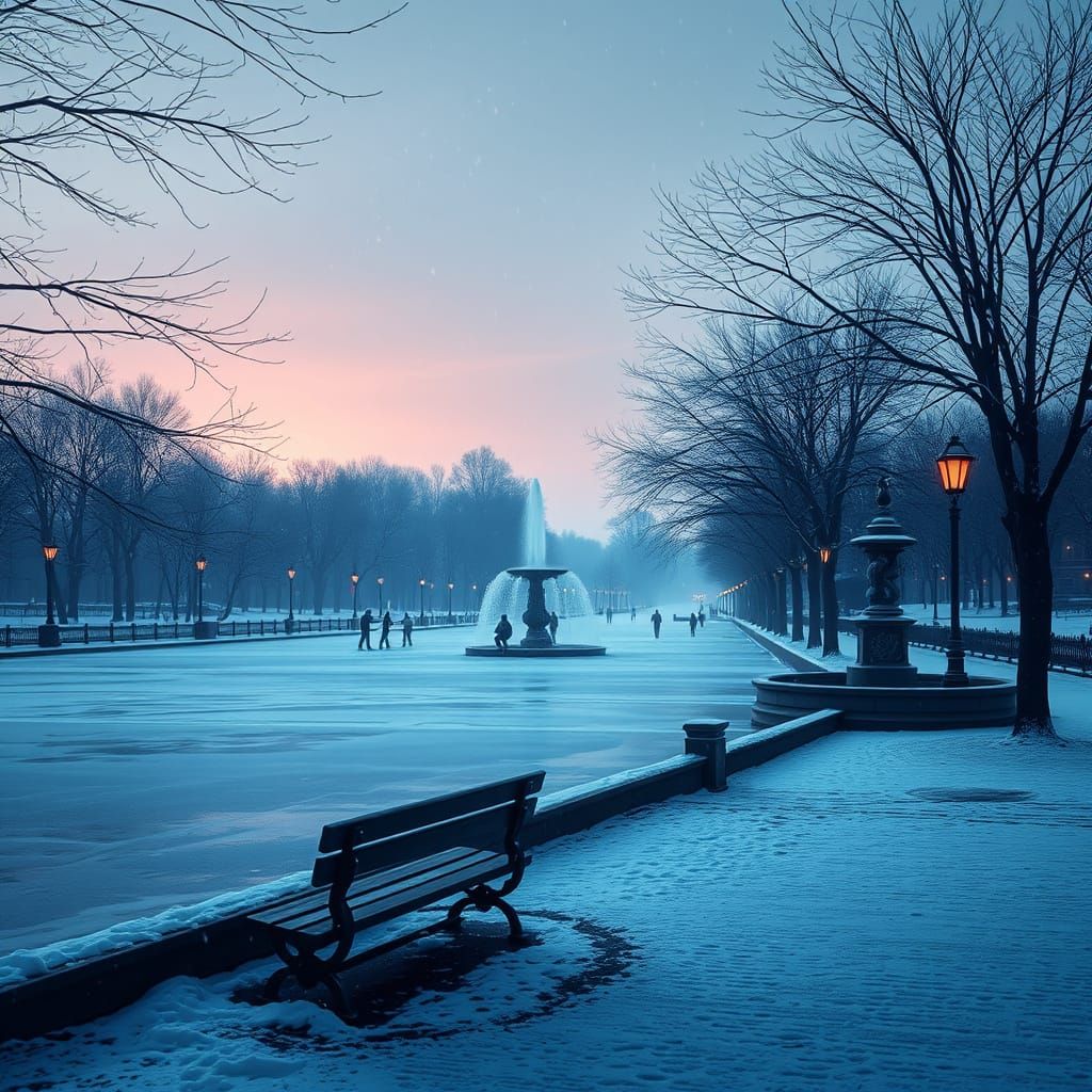Cyberpunk Winter Dawn Frozen Fountain Scene