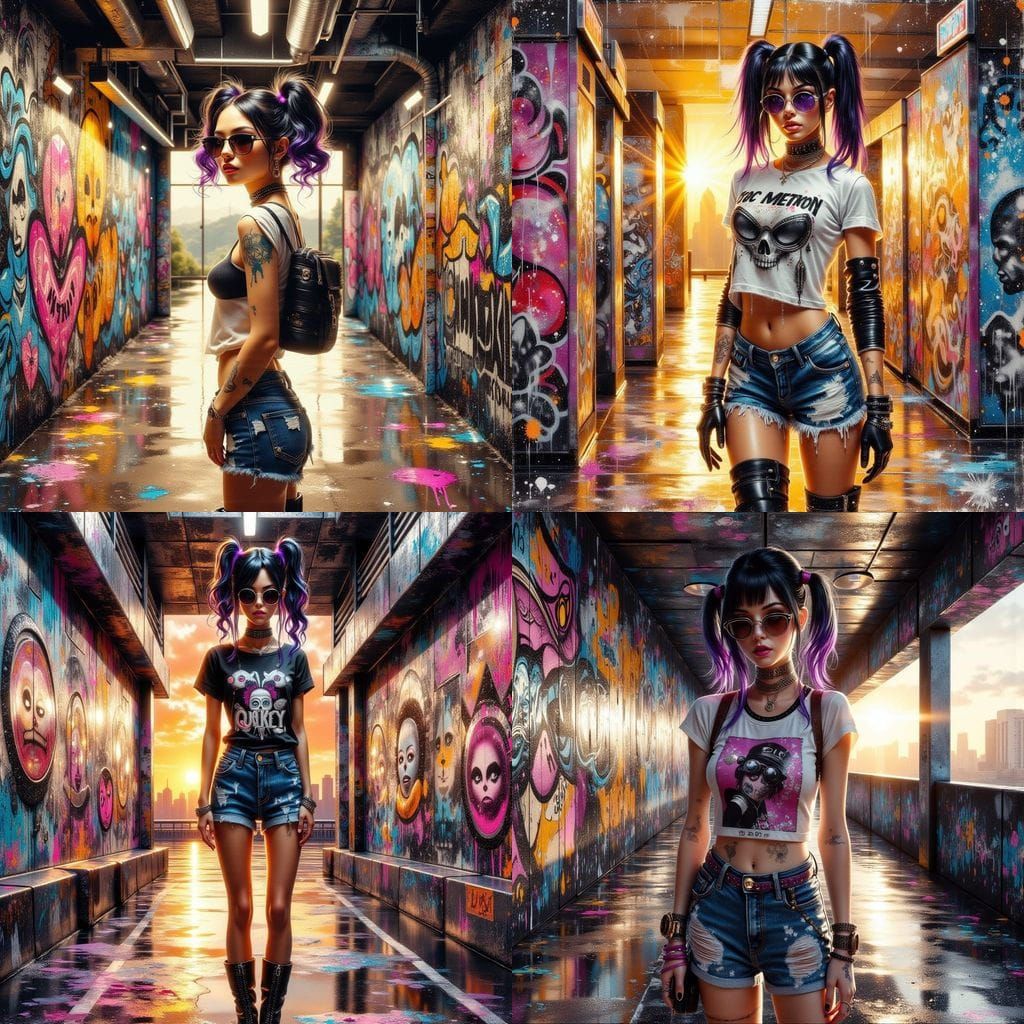 Woman in Graffiti Parking Deck with Punk Style