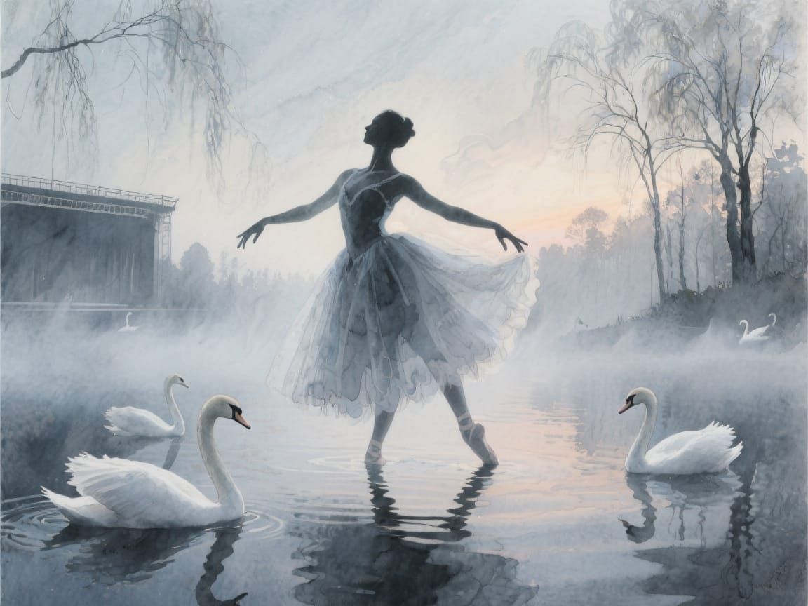 Swan Lake Ballerina Double Exposure Watercolor