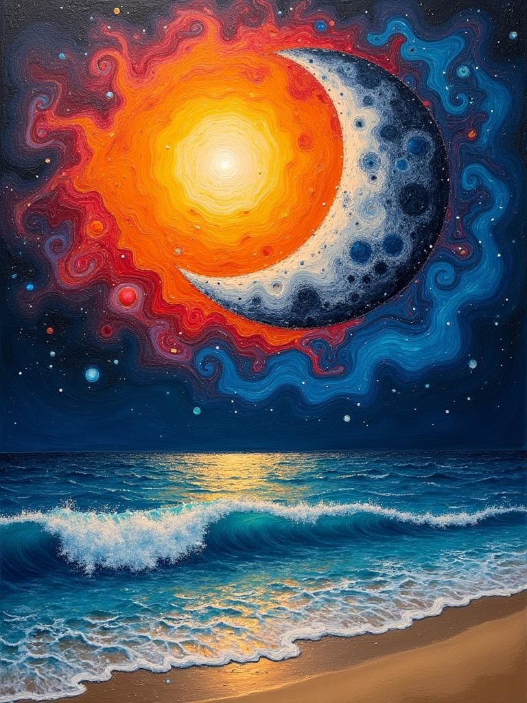 Celestial Dance: Sun and Moon in Surreal Dreamscape