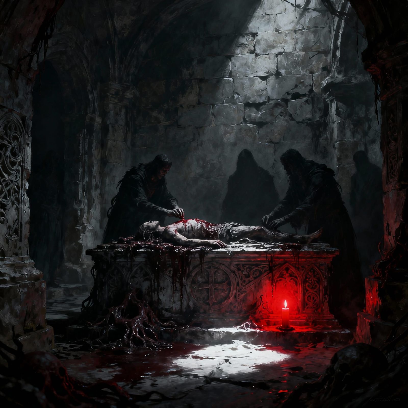 Sinister Ritual in Crypt as Macabre Horror Painting