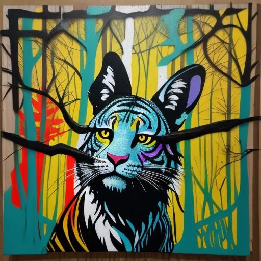Graffiti Art Forest with Animals in Polychromatic Style