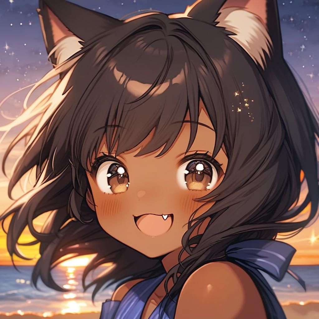 Adorable Catgirl on Beach at Sunset