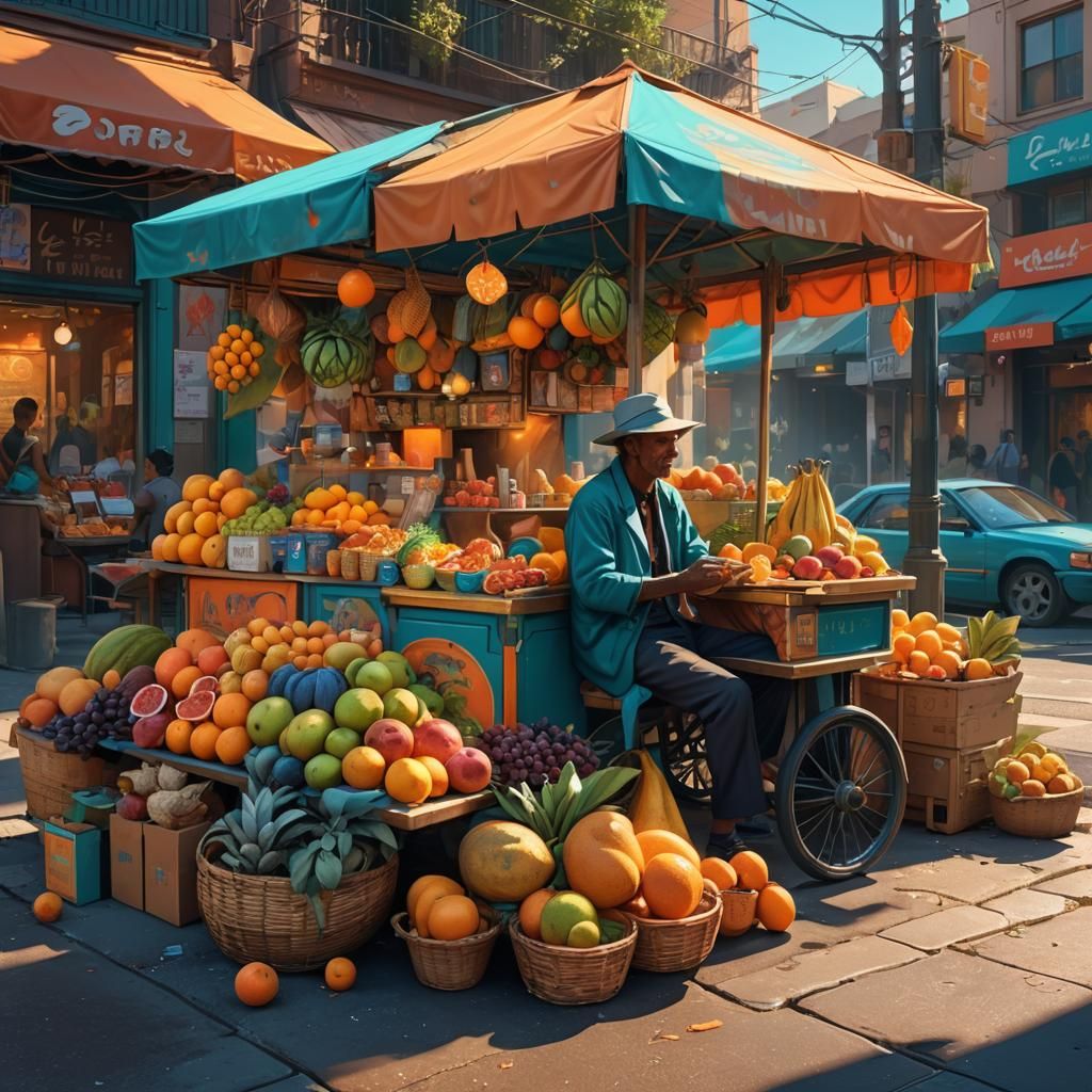 Exotic Fruit Vendor in Vibrant Fantasy Art
