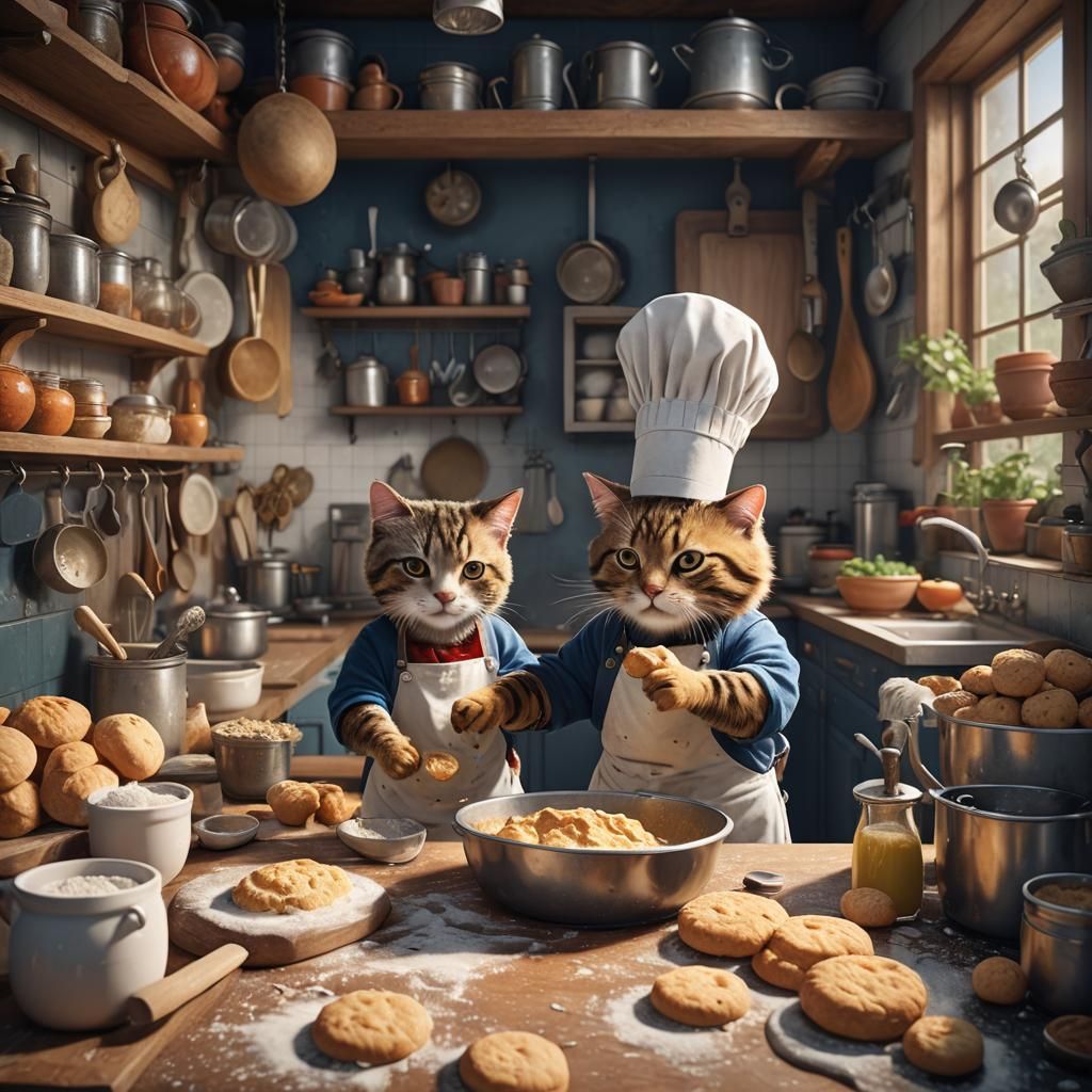 A Baker Cat in Tiny Kitchen: Detailed Matte Painting