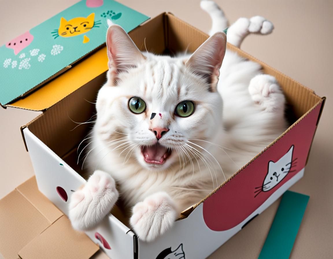 Silly White Cat Squeezed into Tiny Box