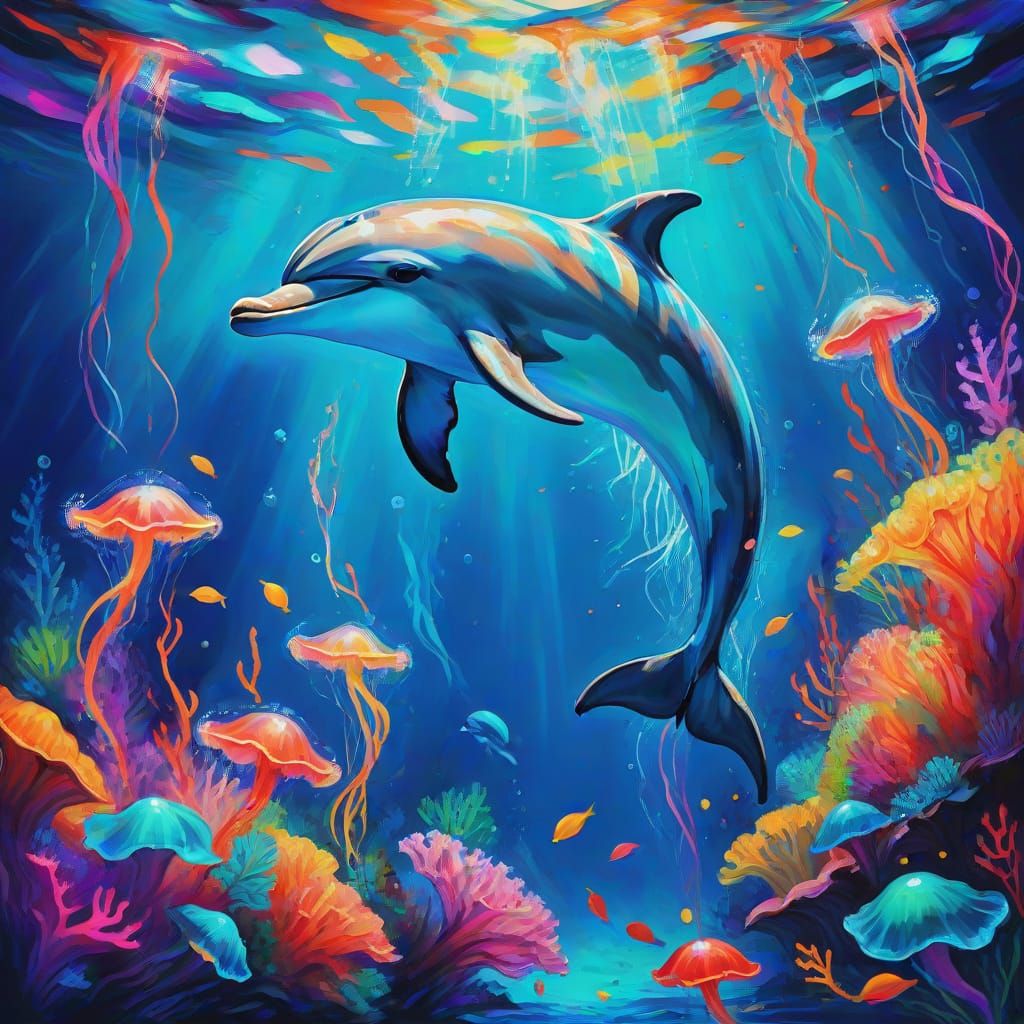 Playful Dolphin Leaps Through Bioluminescent Ocean in Fauvis...