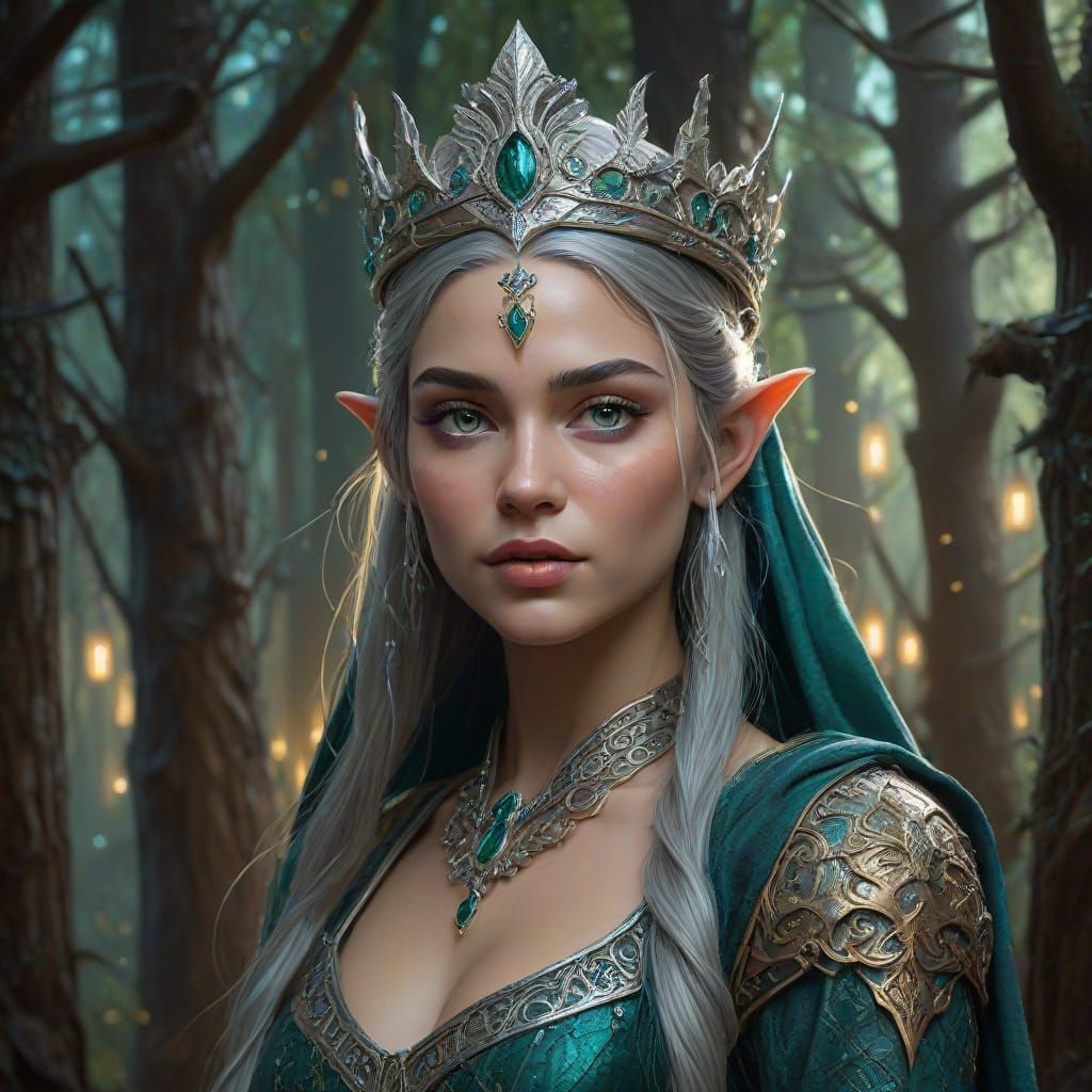 Elven Queen in Enchanted Forest Gouache Art