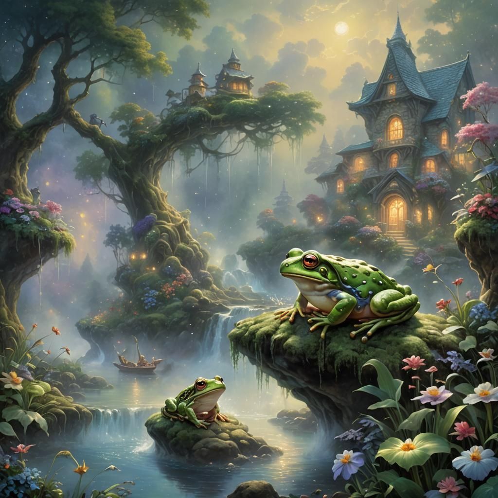 Ethereal Fantasy Frog in Misty Landscape