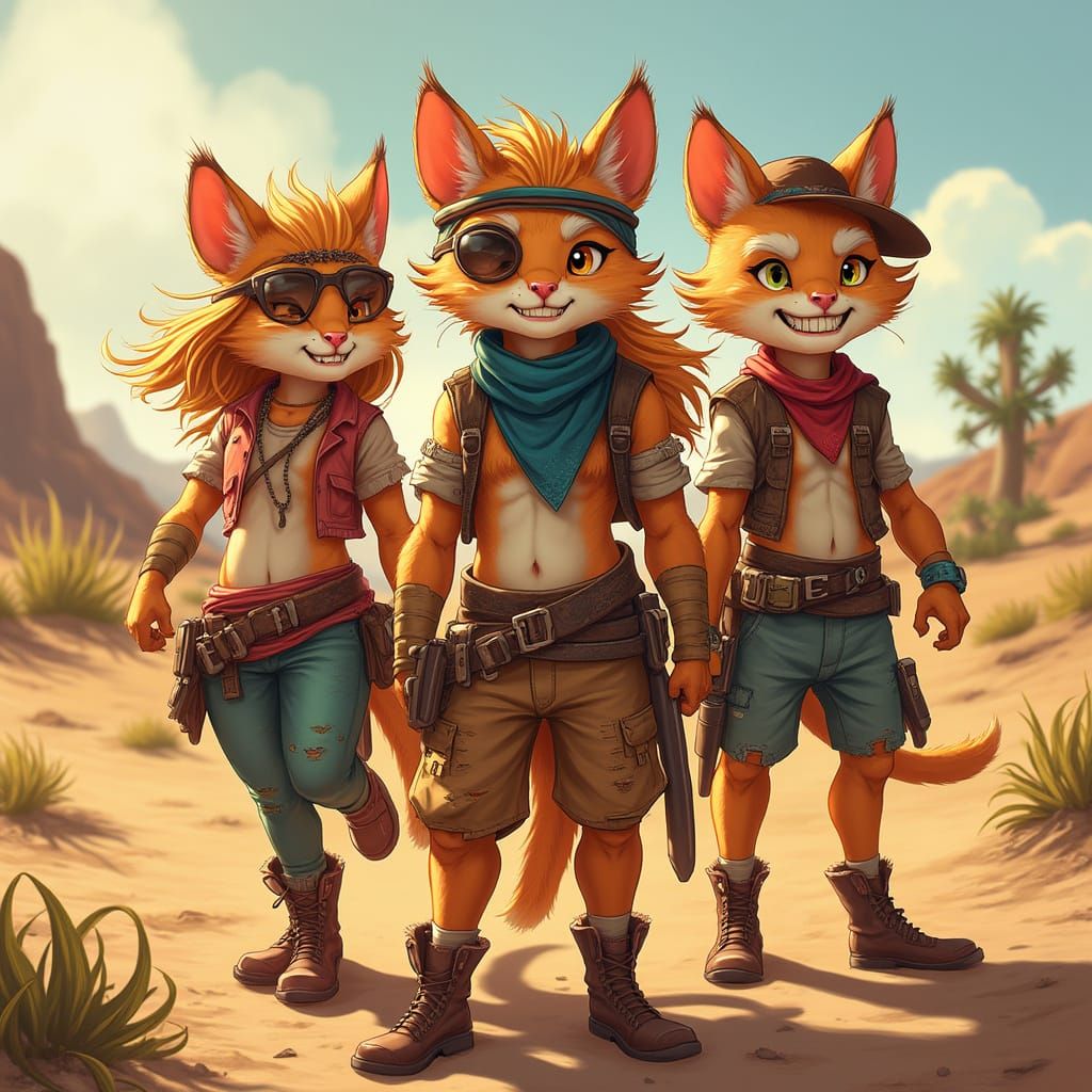 Furry Feline Bandits in a Desert Landscape