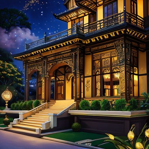 Art Nouveau Mansion in Flowering Garden Oil Painting