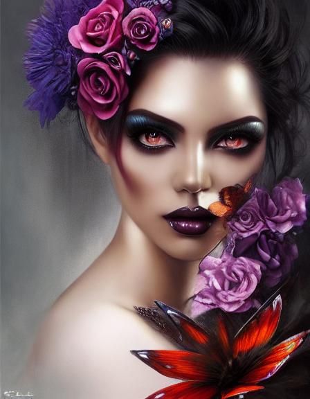 Dark Goth Flower Woman Portrait in 8K
