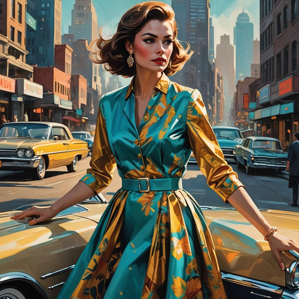 Woman and Oldsmobile in American Pop Art Style