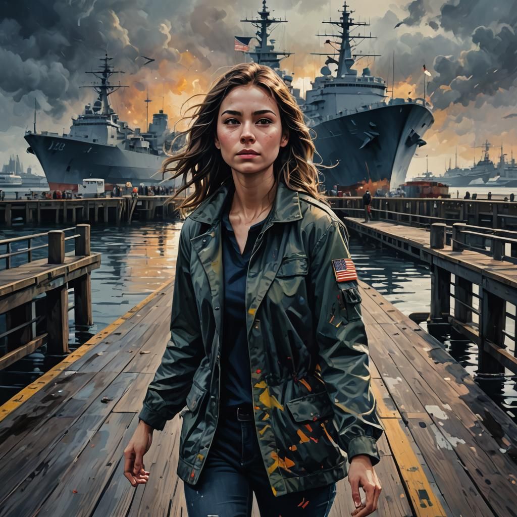 Woman on Pier with Navy Ships in Hyperrealistic Style
