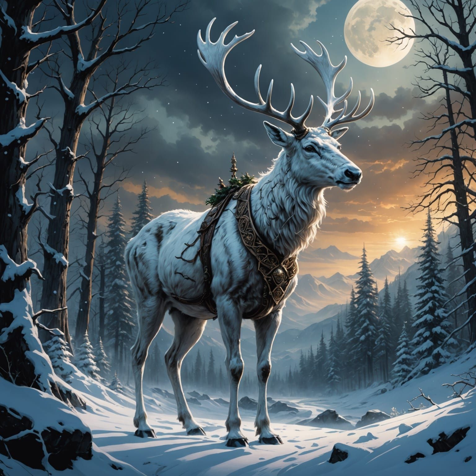 Majestic White Reindeer with Bell Collar Digital Painting