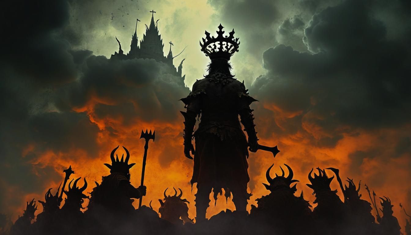 Depiction of a pagan (Crown:1.3). Brut jesters, vulgar. King...