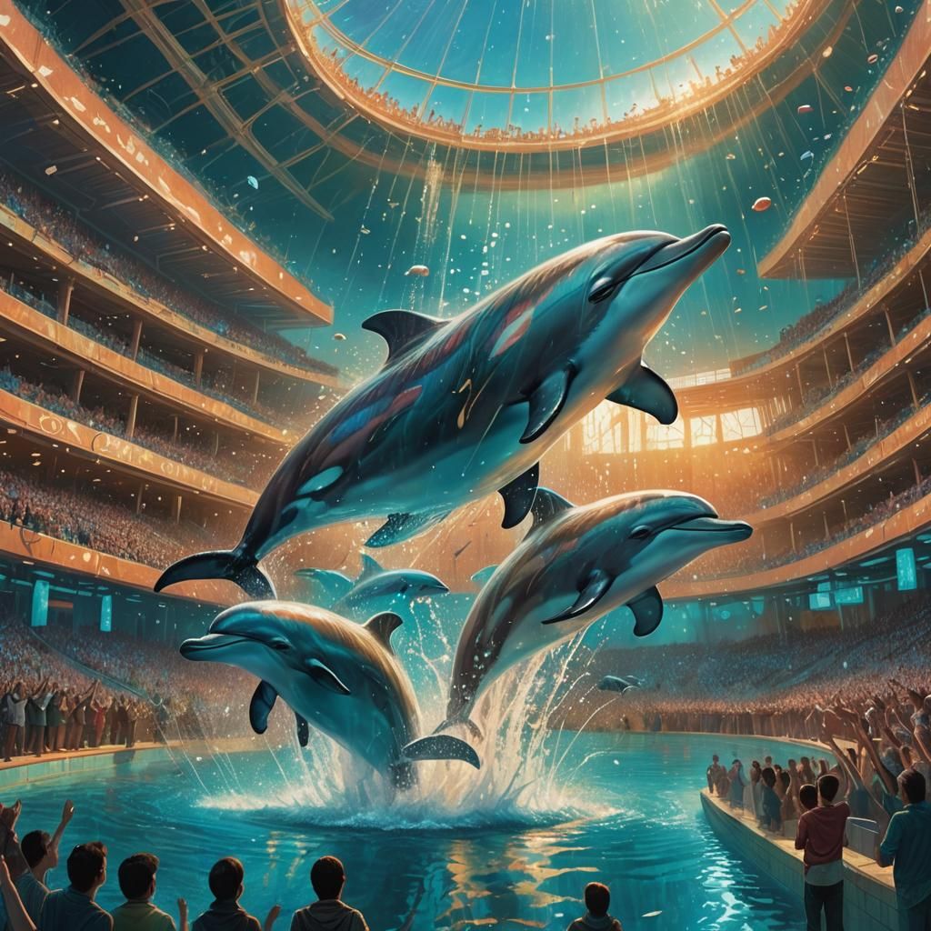 Dolphins Perform in Grand Aquatic Arena: Fantasy Art