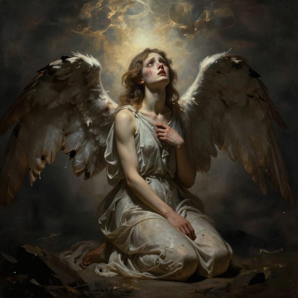 Fallen Angel Kneeling in Fading Celestial Light