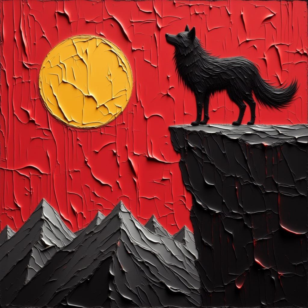 Wolf Howling at the Moon on Mountain Cliff