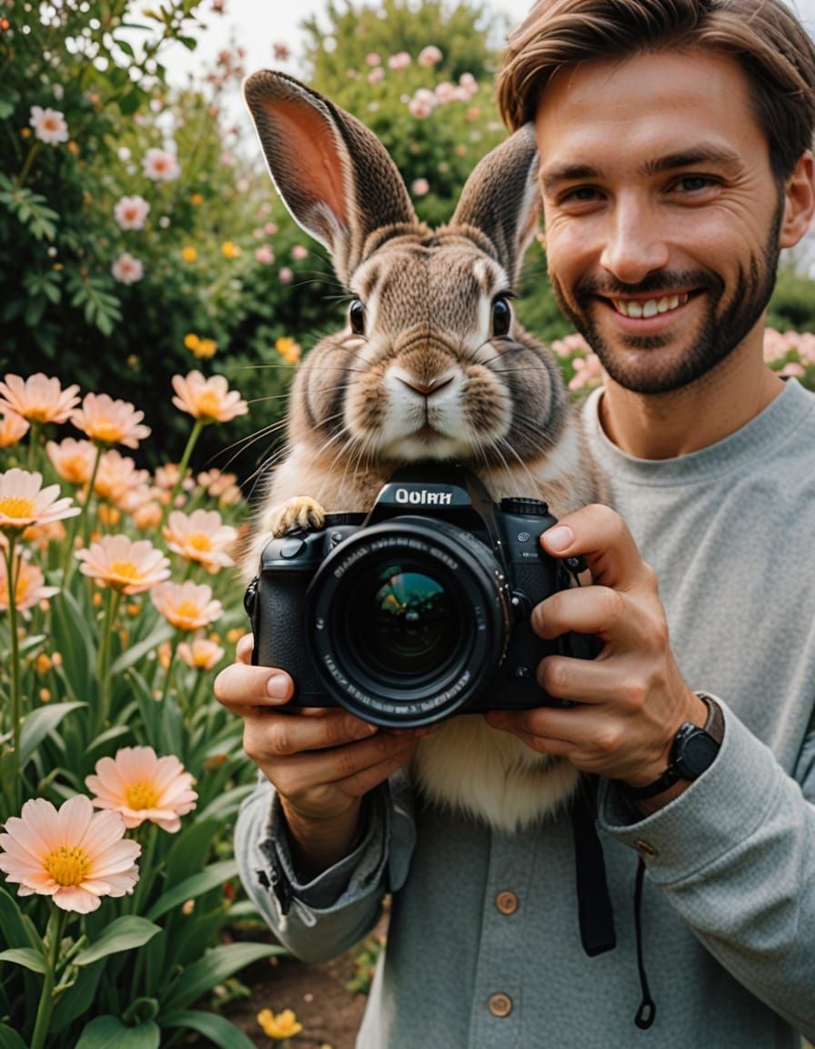 Man Takes Picture of Rabbit in Flowers
