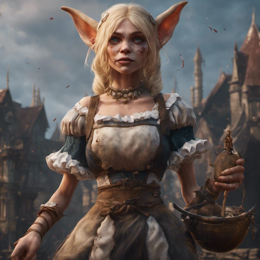 Detailed Blonde Goblin Maid Fantasy Art