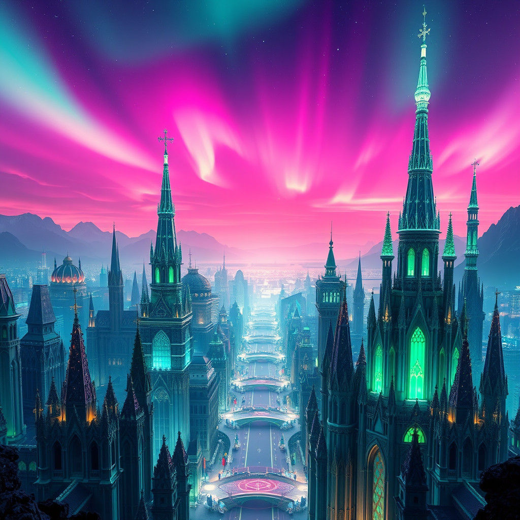 Emerald City Under Aurora Borealis: Hyperrealistic Vista