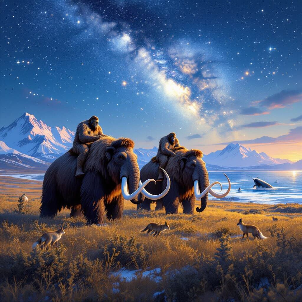 Bigfoots Ride Mammoths Under Arctic Milky Way