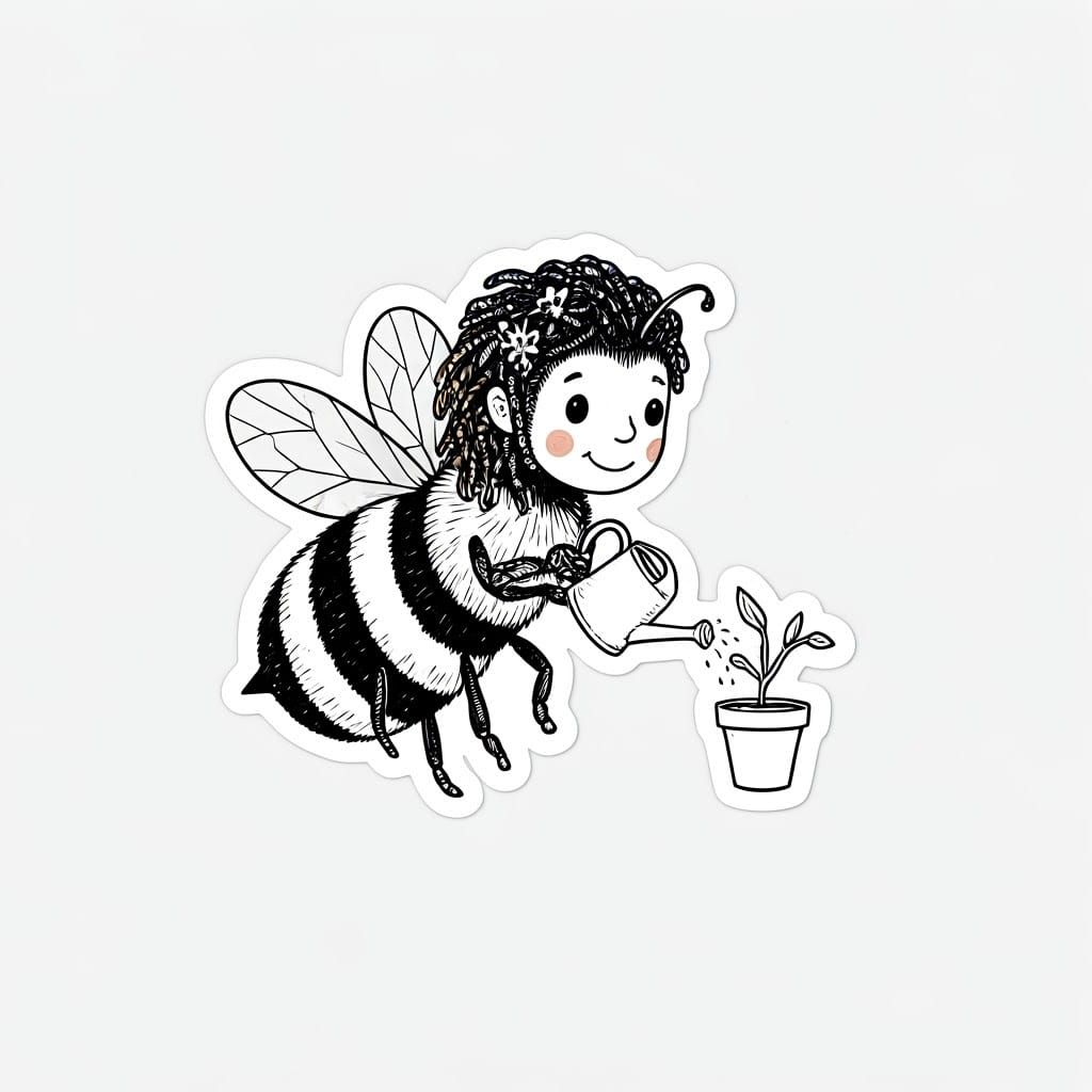 Happy Male Bee with Dreadlocks Waters Plant in Whimsical Lin...