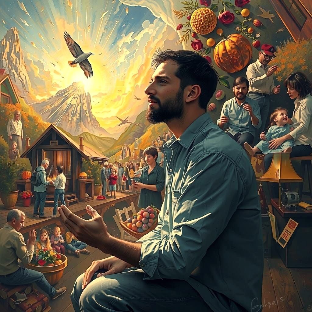 Man in Prayer Surrounded by Blessings, Digital Art