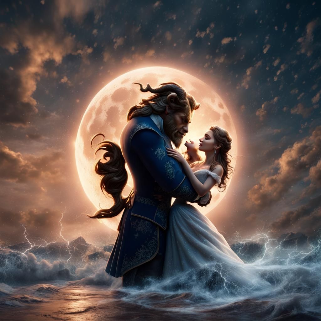 Beauty and Beast Lovers Under a Magic Moon
