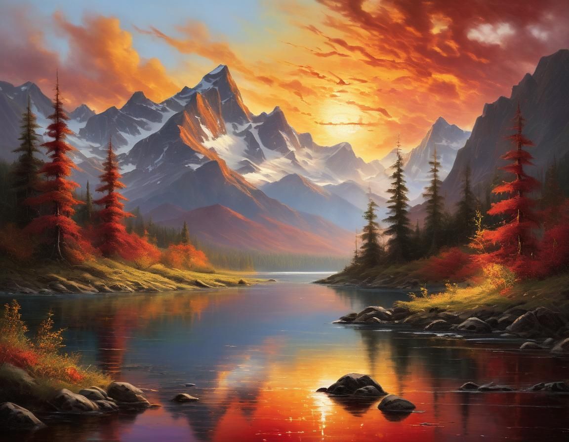 Fiery Sunrise Over Mountain Landscape as Oil Painting
