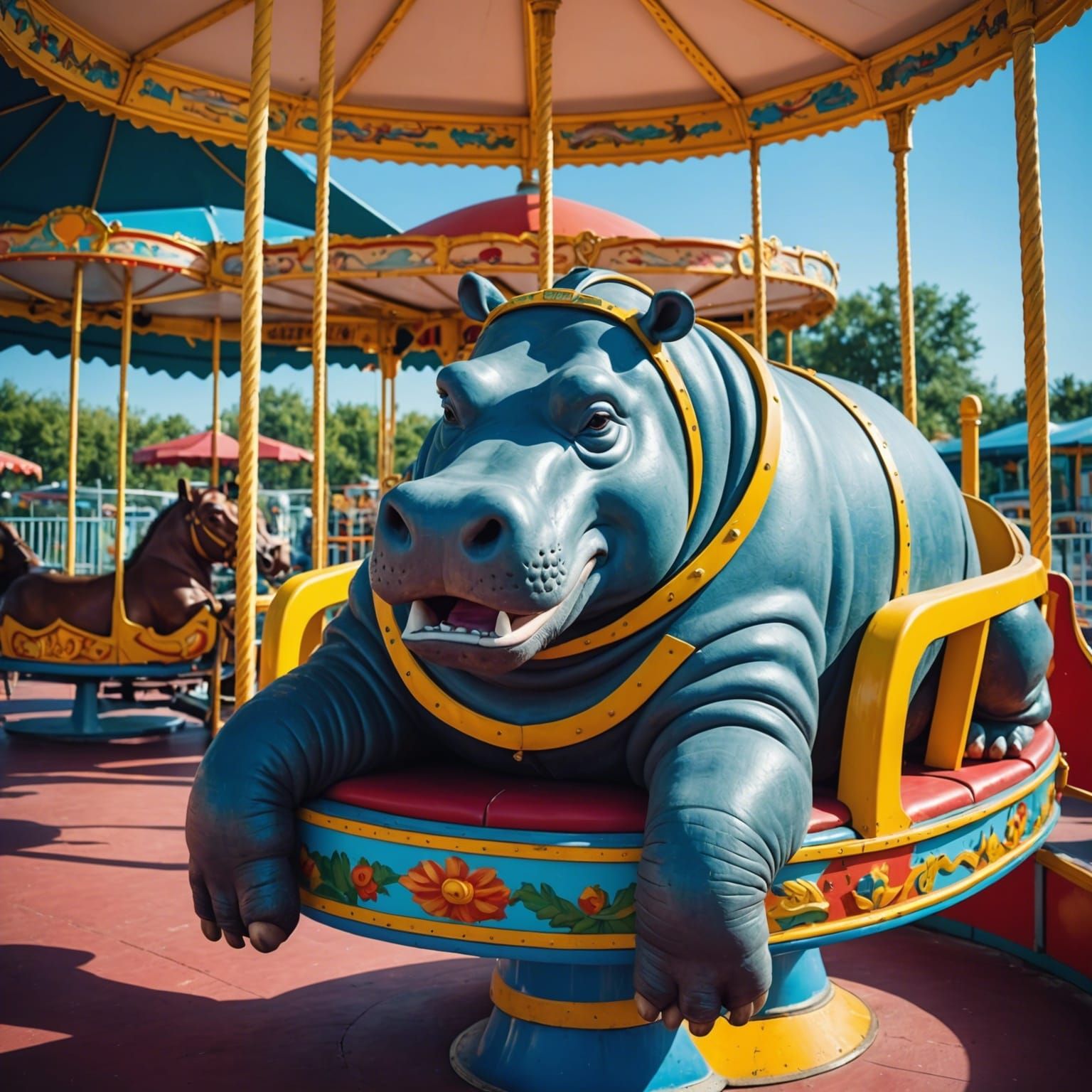 Hippo Dreams on a Carousel Airplane