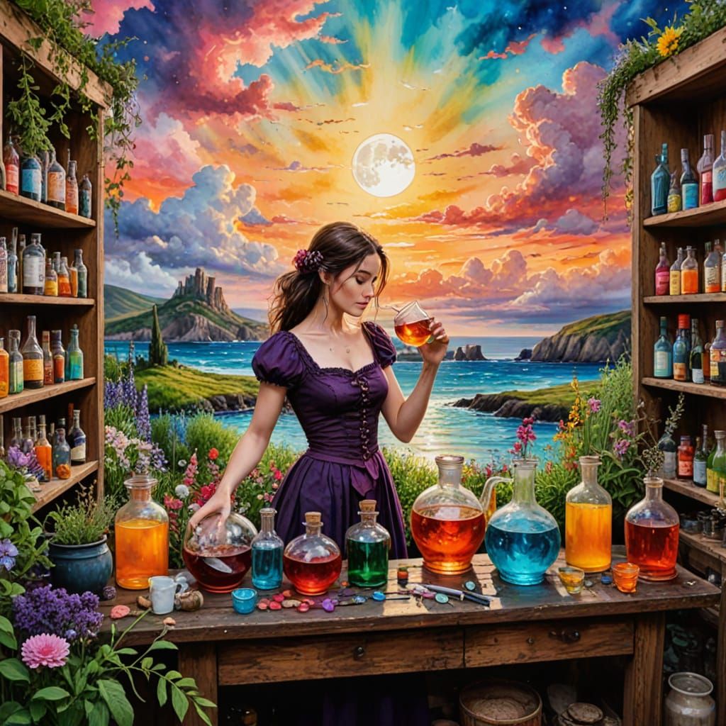 Enchanted Alchemist Lady Amidst Sunset Garden Lab