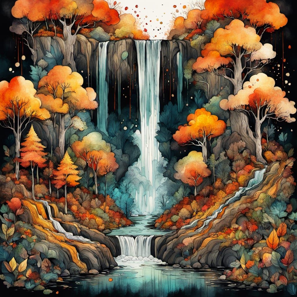 Autumn Waterfall Emerging From Darkness