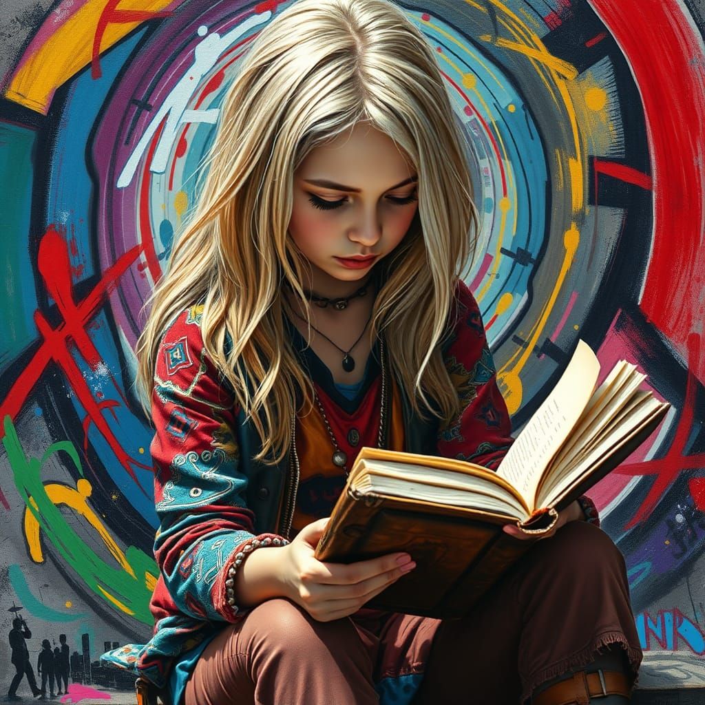 Colorful Graffiti Girl Reading Book in Oil Gouache Style