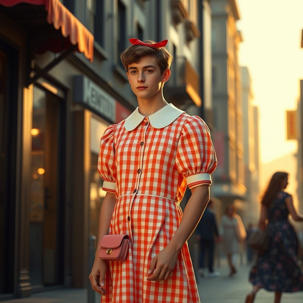 Confident Gentleman in Whimsical Gingham Dress