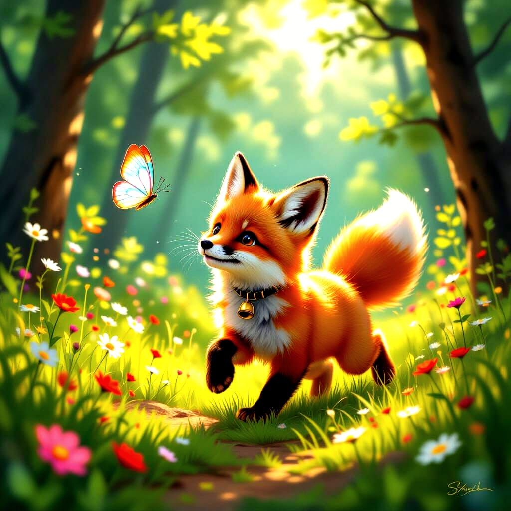 Red Fox Cub Chasing Butterfly in Clearing