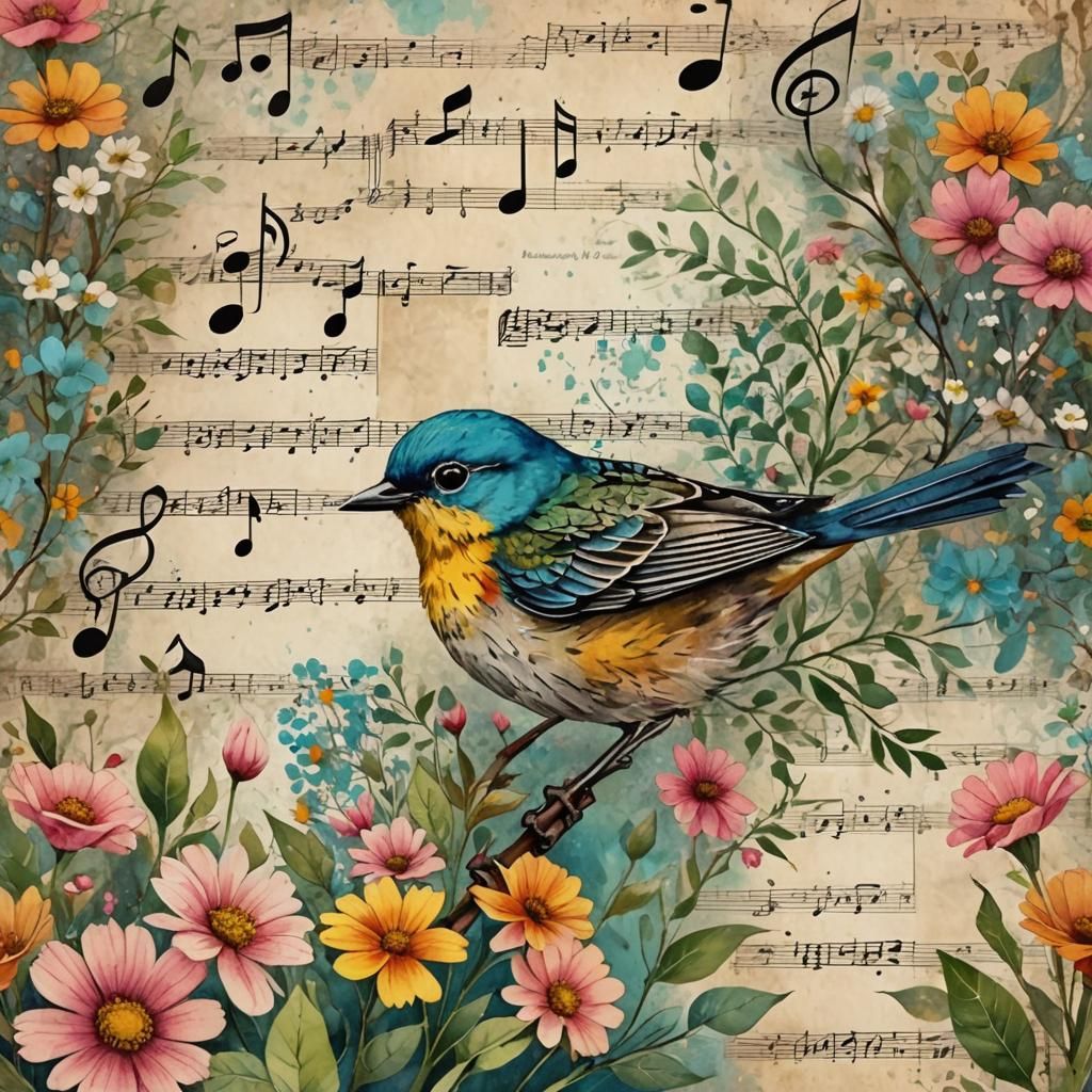 Whimsical Bird Collage with Flowers and Music